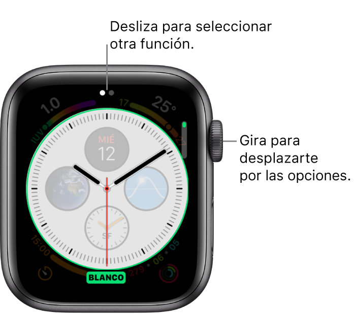 Pantalla personalizada de Infografía con la función del estilo del dial resaltada. Gira la corona Digital Crown para cambiar las opciones.