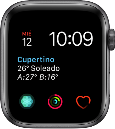 La carátula Modular, donde puedes ajustar el color de la carátula. Muestra tres complicaciones de diales secundarios en la parte superior: Respirar, Actividad y Frecuencia Cardiaca.
