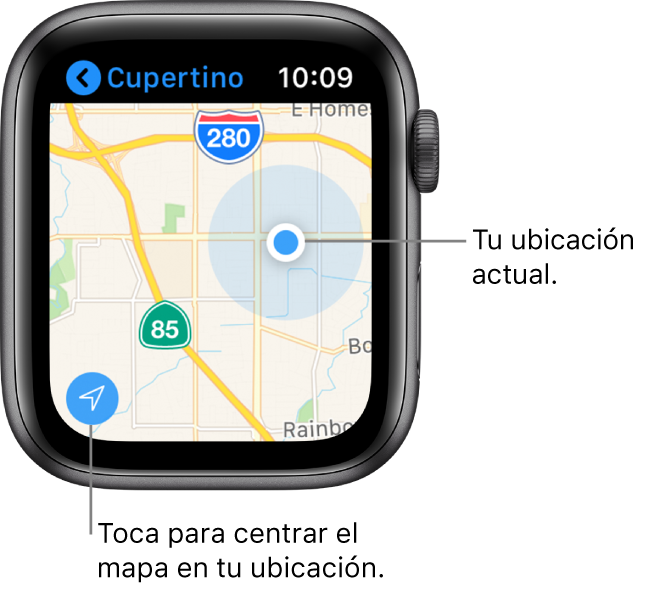 La app Mapas mostrando un mapa; toca la flecha en la esquina inferior izquierda para centrar tu ubicación actual; tu ubicación se muestra como un punto azul en el mapa.
