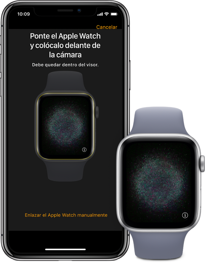 Ilustración del enlace en la que se muestra un brazo izquierdo con el Apple Watch en la muñeca y una mano derecha sujetando el iPhone. En la pantalla del iPhone, se muestran las instrucciones de enlace y se visualiza el Apple Watch en el visor, y en la pantalla del Apple Watch, se muestra la ilustración del enlace.