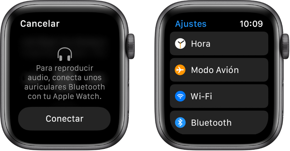 Si cambias al Apple Watch como dispositivo fuente de música antes de enlazar los altavoces o auriculares Bluetooth, aparecerá el botón Conectar cerca de la parte inferior de la pantalla, que permite acceder a los ajustes de Bluetooth del Apple Watch, donde puedes añadir un dispositivo de audio.
