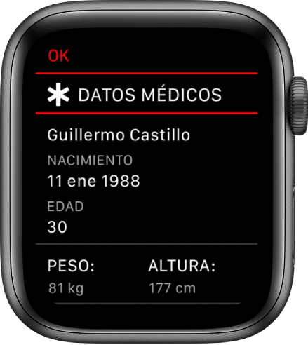 La pantalla “Datos médicos”, con el nombre del usuario, fecha de nacimiento, edad, peso y altura.