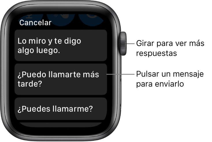 Pantalla de Mail con el botón Cancelar en la parte superior y tres respuestas predefinidas (“Lo miro y te digo algo luego.”, “¿Puedo llamarte más tarde?” y “¿Puedes llamarme?”).