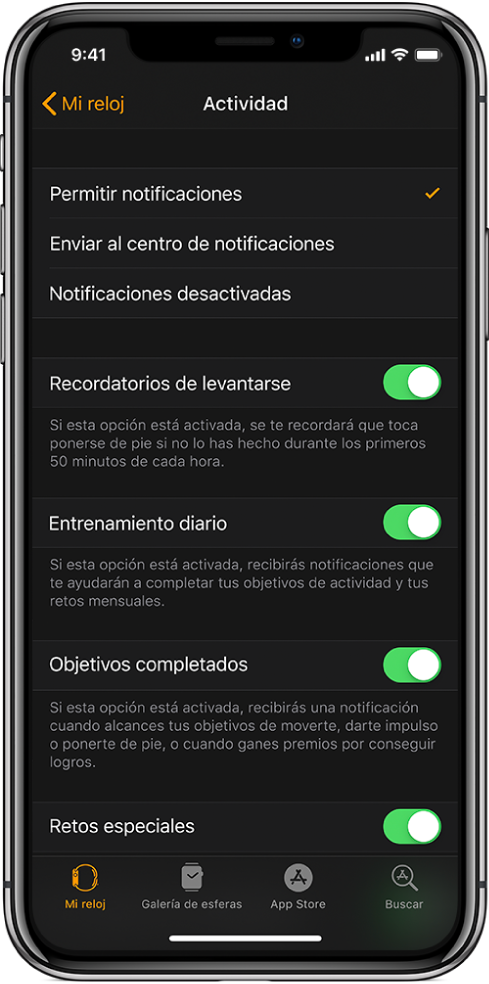 Pantalla Actividad de la app Apple Watch, donde puedes personalizar qué notificaciones quieres recibir.