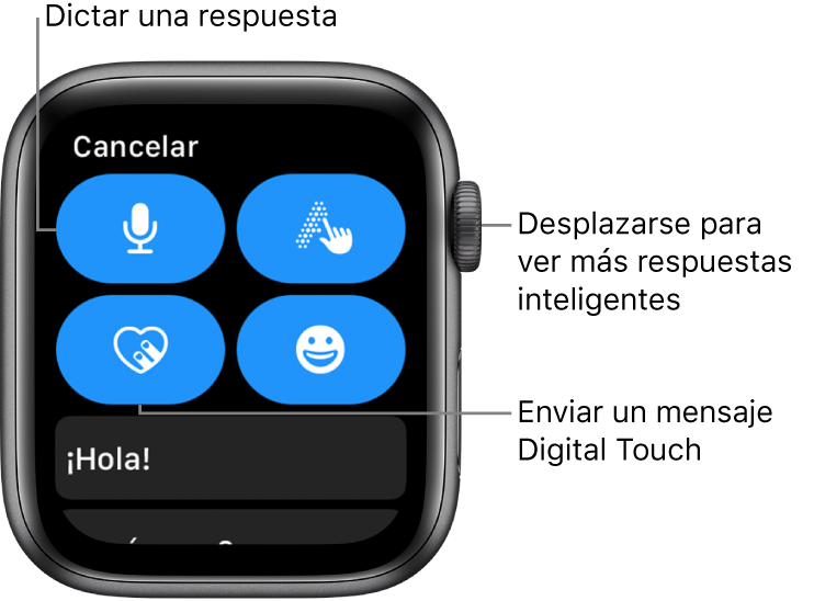 Pantalla de respuesta con los botones Dictar, “A mano”, “Digital Touch” y Emoji. Las respuestas inteligentes aparecen a continuación. Gira la corona Digital Crown para ver más respuestas inteligentes.