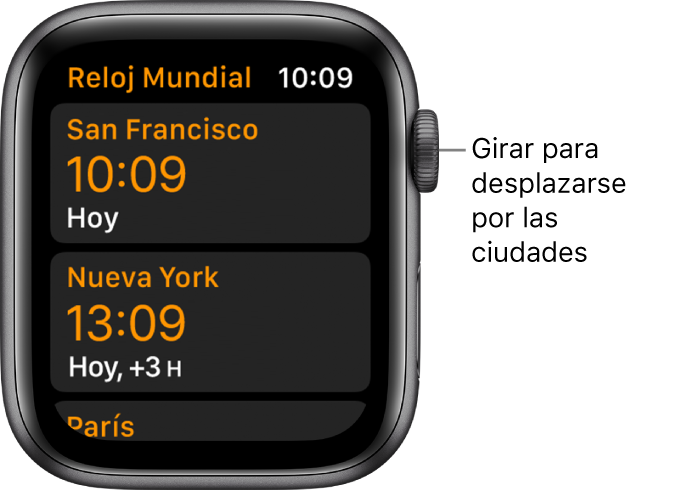 La app Reloj Mundial con una lista de ciudades y la barra de desplazamiento.