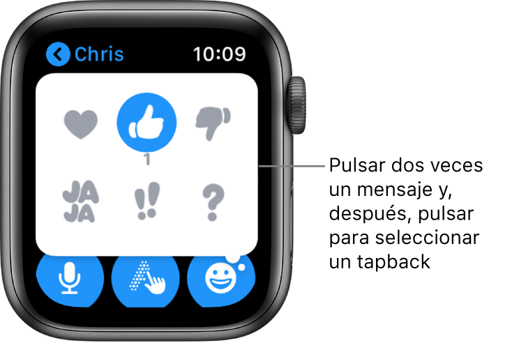 Conversación de Mensajes con opciones de Tapback: corazón, pulgar hacia arriba, pulgar hacia abajo, risa, doble signo de cierre de exclamación y signo de cierre de interrogación.