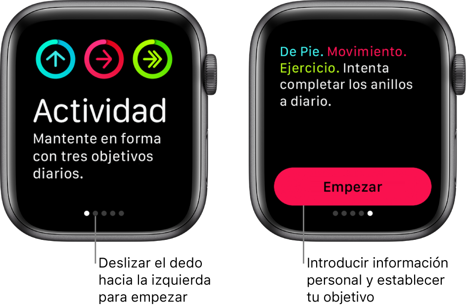 Dos pantallas: En una se muestra la pantalla inicial de la app Actividad y en la otra se muestra el botón Empezar.