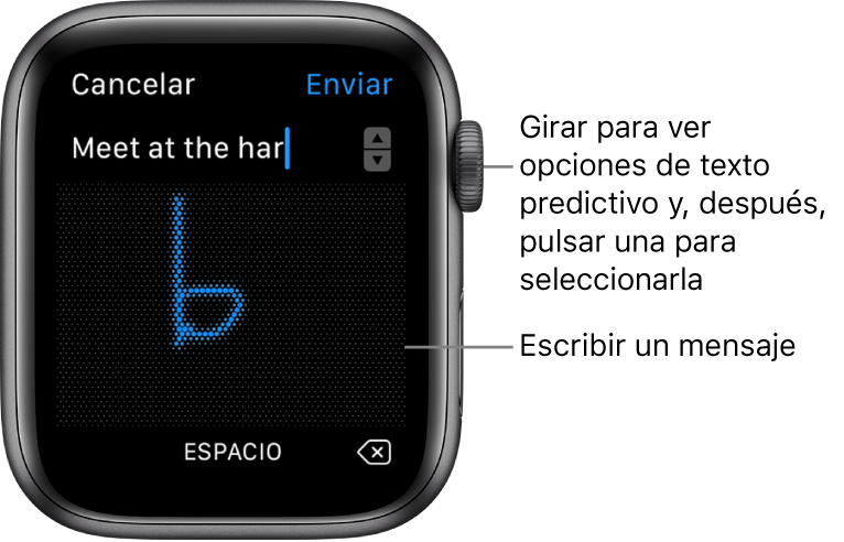 Pantalla donde puedes garabatear una respuesta a un mensaje. Las opciones de texto predictivo se muestran en la parte superior y el mensaje se escribe en el centro.