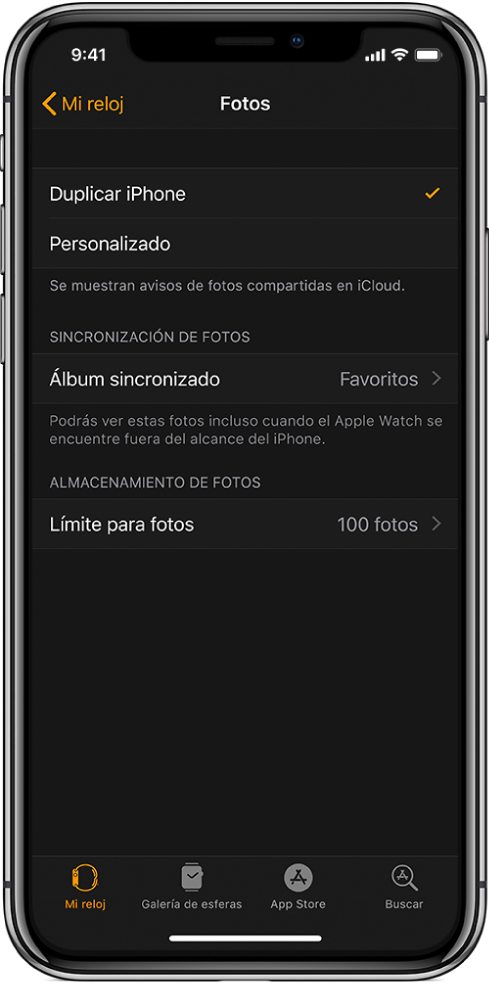 Ajustes de Fotos en la app Apple Watch del iPhone, con el ajuste “Álbum sincronizado” en el medio y el ajuste “Límite para fotos” debajo.