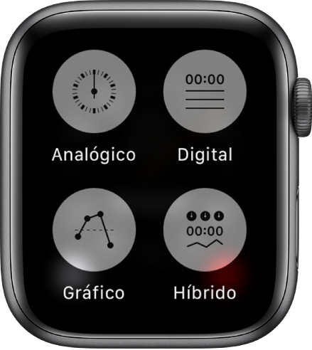 Cuando la app Cronómetro está abierta y se pulsa la pantalla, se muestran cuatro botones que te permiten ajustar el formato: Analógico, Digital, Gráfico o Híbrido.