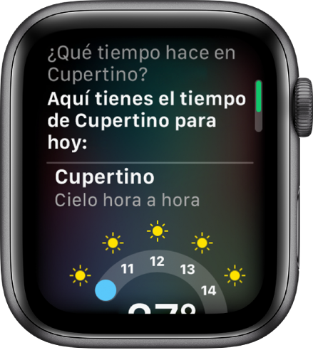 Una pantalla de Siri. Arriba se muestra la pregunta “¿Qué tiempo hace en el lago Tahoe?”. Abajo se ve la respuesta “Este es el tiempo de hoy en South Lake Tahoe”, seguida de un gráfico con los datos horarios de ese lugar.