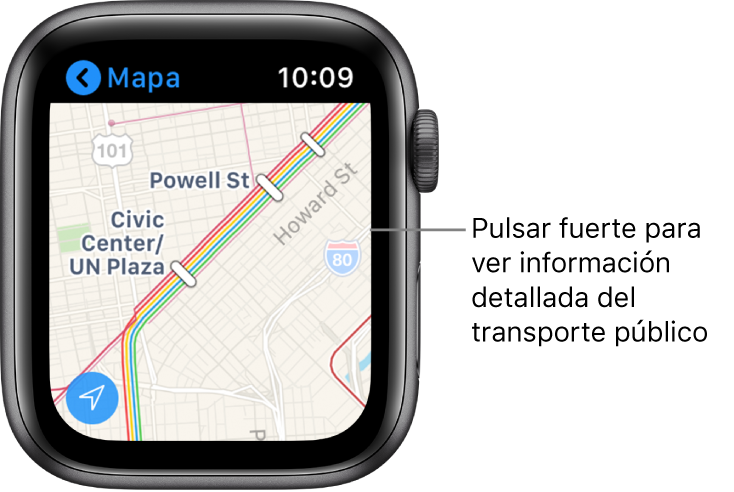 La app Mapas con los detalles del transporte público, incluidas las rutas y los nombres de las paradas.