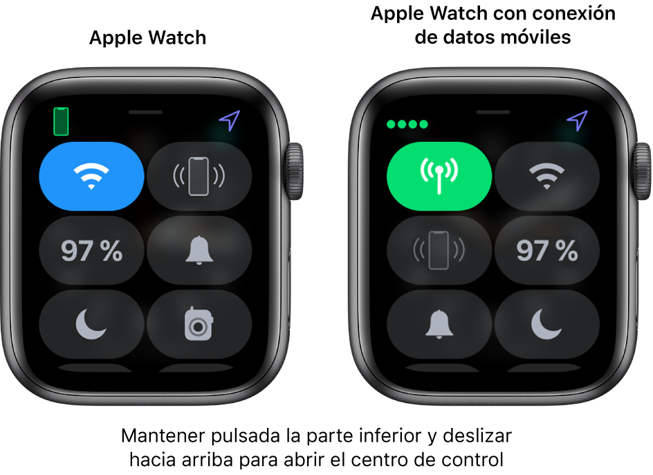 Dos imágenes: Apple Watch sin datos móviles a la izquierda, con el centro de control. El botón Wi-Fi está en la parte superior izquierda; el botón “Oír el iPhone”, en la parte superior derecha; el botón del porcentaje de batería, en la parte central izquierda; el botón del modo silencioso, en la parte central derecha; el botón “No molestar”, en la parte inferior izquierda; y el botón Walkie-talkie, en la parte inferior derecha. La imagen de la derecha muestra el Apple Watch con datos móviles. Su centro de control muestra el botón “Datos móviles” en la parte superior izquierda, el botón Wi-Fi en la parte superior derecha, el botón “Oír el iPhone” en la parte central izquierda, el botón del porcentaje de batería en la parte central derecha, el botón del modo silencios en la parte inferior izquierda y el botón “No molestar” en la parte inferior derecha.