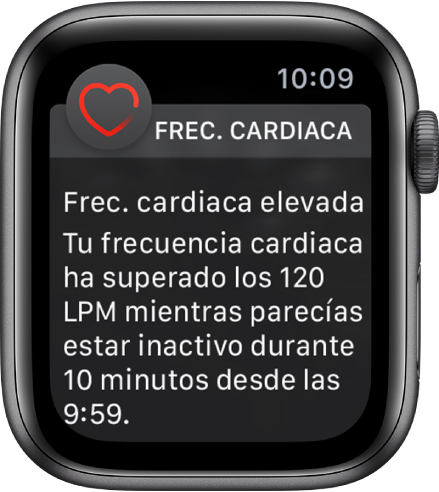 Un aviso de frecuencia cardiaca que indica una frecuencia cardiaca alta.