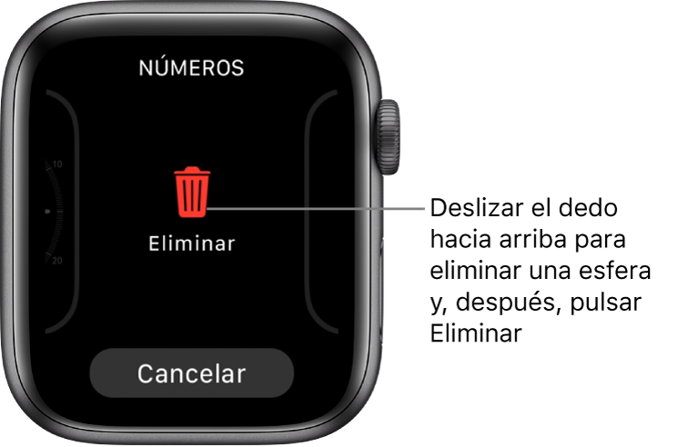 Pantalla del Apple Watch con los botones Eliminar y Cancelar, que aparecerán después de que deslices el dedo hasta una esfera y, a continuación, deslices el dedo hacia arriba en la misma para eliminarla.