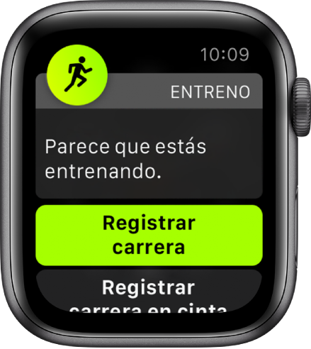 Una pantalla de detección de entreno que contiene las palabras “Parece que estás entrenando”, seguidas de un botón que dice “Registrar carrera”.