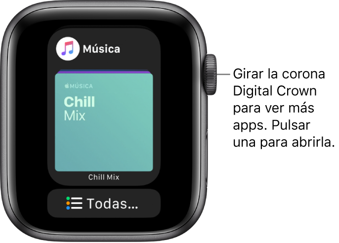 Dock con la app Música y un botón “Todas las apps” debajo. Gira la corona Digital Crown para ver más apps. Pulsa una app para abrirla.