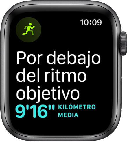Pantalla de la app Entreno que le dice al usuario que está corriendo por debajo de su ritmo objetivo.
