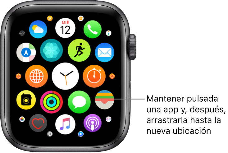 Pantalla de inicio del Apple Watch en visualización de mosaico. El texto dice: “Mantener pulsada una app y, después, arrastrarla hasta la nueva ubicación”.