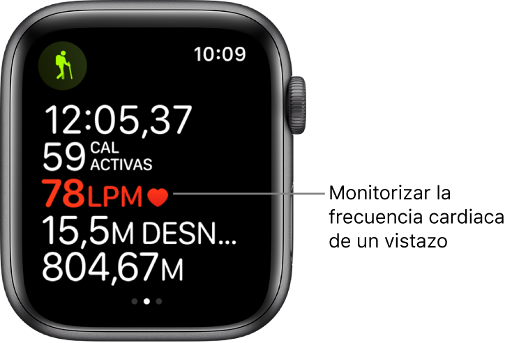 Pantalla con las estadísticas de entreno, entre las que incluyen el tiempo transcurrido y la frecuencia cardiaca. La leyenda indica “Monitorizar la frecuencia cardiaca de un vistazo”.