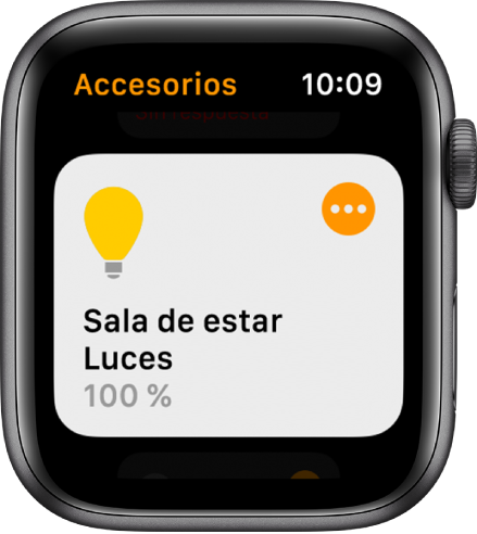 App Casa con un accesorio de iluminación. Pulsa el icono situado en la esquina superior derecha del accesorio para definir tus ajustes.