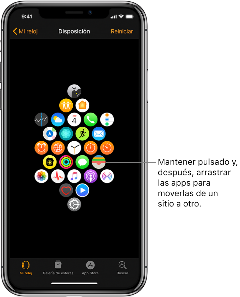 Pantalla de disposición en la app Apple Watch con una cuadrícula de iconos. El texto de la pantalla indica el icono de una app y dice: “Mantener pulsado y arrastrar las apps para moverlas de un sitio a otro”.
