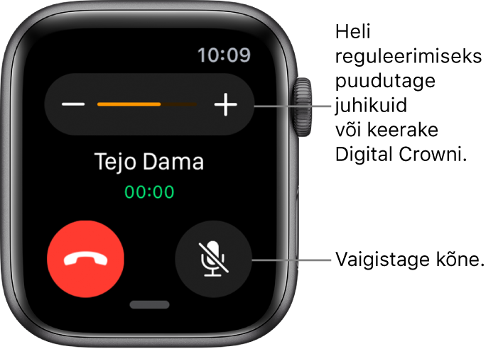 Saabuva kõne ajal kuvatakse ekraani ülaosas helitugevuse nuppe – ja + ning all paremal nuppu Mute.