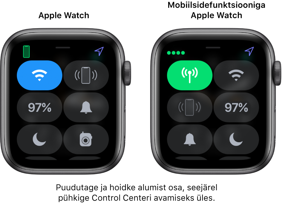 Kaks pilti: vasakul on ilma mobiilsidefunktsioonita Apple Watch, milles kuvatakse Control Center. Üleval vasakul on nupp Wi-Fi, üleval paremal on nupp Ping iPhone, keskel vasakul on nupp Battery Precentage, keskel paremal on nupp Silent Mode, all vasakul on nupp Do Not Disturb ning all paremal on nupp Walkie-Talkie. Parempoolsel pildil on mobiilsidefunktsiooniga Apple Watch. Control Centeris kuvatakse üleval vasakul nuppu Cellular, üleval paremal nuppu Wi-Fi, keskel vasakul nuppu Ping iPhone, keskel paremal nuppu Battery Precentage, all vasakul nuppu Silent Mode ning all paremal nuppu Do Not Disturb.