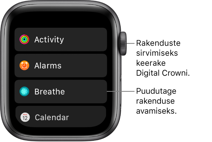 Apple Watchi Home-kuva loendivaade koos rakenduste loendiga. Puudutage rakendust selle avamiseks. Kerige rohkemate rakenduste kuvamiseks.