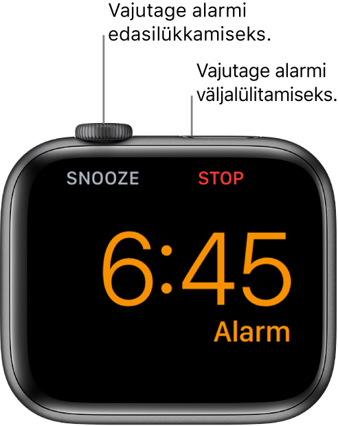 Külili asetatud Apple Watch, mille ekraanil kuvatakse rakendunud alarmi. Digital Crowni all on sõna “Snooze”. Küljenupu all on sõna “Stop".