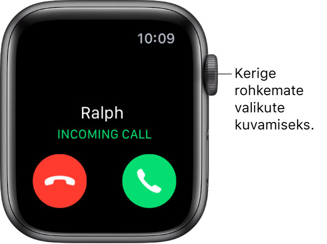 Apple Watchi kuva kõne vastuvõtmisel: helistaja nimi, sõnad “Incoming Call”, punane nupp Decline ning roheline nupp Answer.