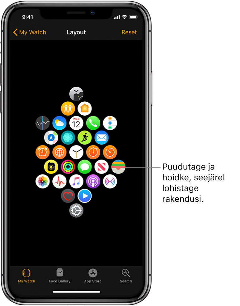 Apple Watchi kuva Layout ikoonide võrgustikuga. Väljaviik on suunatud rakenduse ikoonile ning seal on kirjas “Puudutage ja lohistage rakenduste teisaldamiseks”.