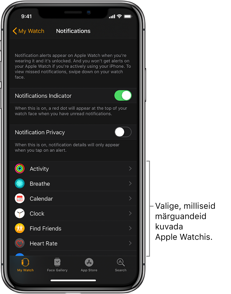 iPhone'i rakenduse Apple Watch kuva Notifications, kus on toodud märguannete allikad.