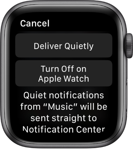 Apple Watchi märguandeseaded. Ülemisel nupul on kirjas “Deliver Quietly”ning alumisel nupul on kirjas “Turn Off on Apple Watch”.