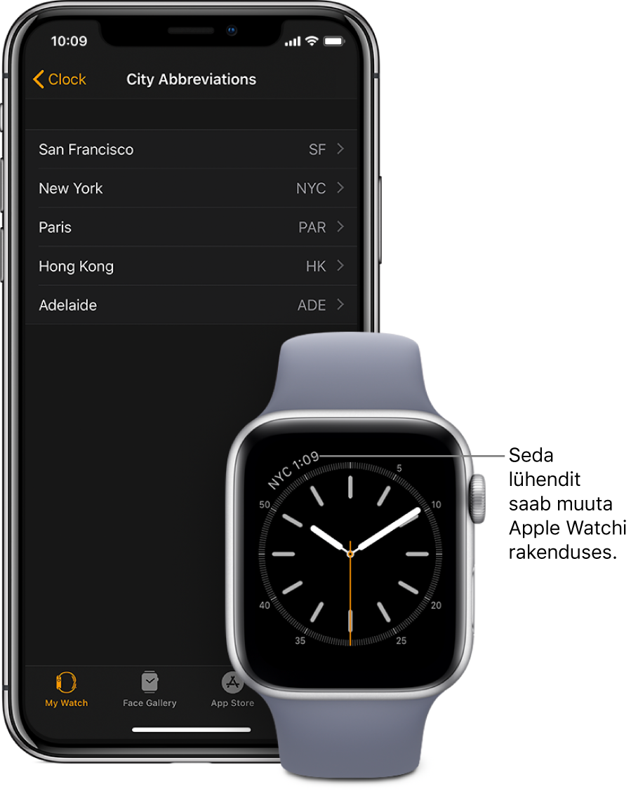 Kellakuva osutiga New York City kellaajale, mis kasutab lühendit NYC. Järgmisel kuval on iPhone'i rakenduses Apple Watch valitud Clock-seadete alt menüü City Abbreviations koos linnade loendiga.