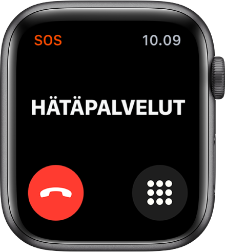 Hätäpuhelu-näytössä näkyy lähellä yläreunaa Yhdistetään. Lopeta puhelu -painike on alavasemmalla ja näppäimistöpainike on alaoikealla.