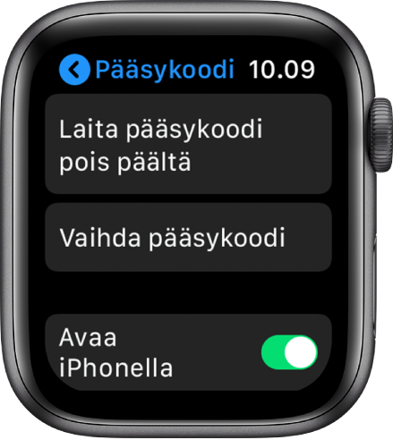 Pääsykoodiasetukset Apple Watchissa: ylhäällä Laita pääsykoodi pois päältä, sen alapuolella Vaihda pääsykoodi ja alla Avaa iPhonella.
