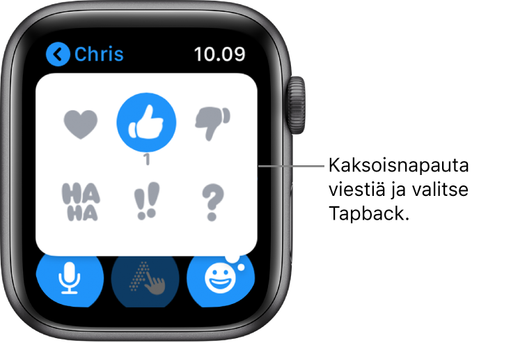 Viestikeskustelu, jossa on Tapback-valintoja: sydän, peukalo ylös, peukalo alas, Ha ha, !! ja ?.