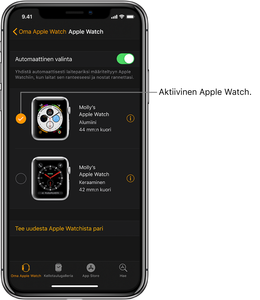 Valintamerkki osoittaa aktiivisen Apple Watchin.