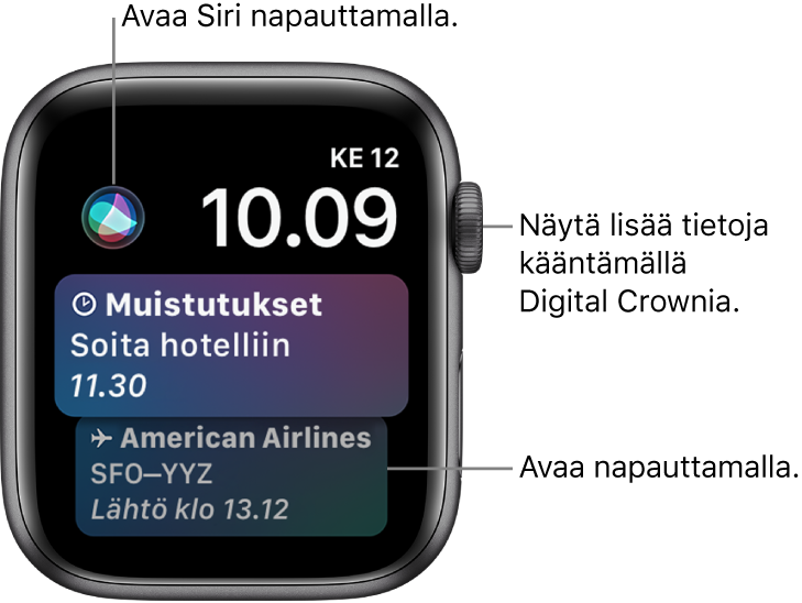 Siri-kellotaulu, jossa näkyy muistutus ja tarkastuskortti. Näytön vasemmassa yläkulmassa on Siri-painike. Päivämäärä ja aika ovat yläoikealla.
