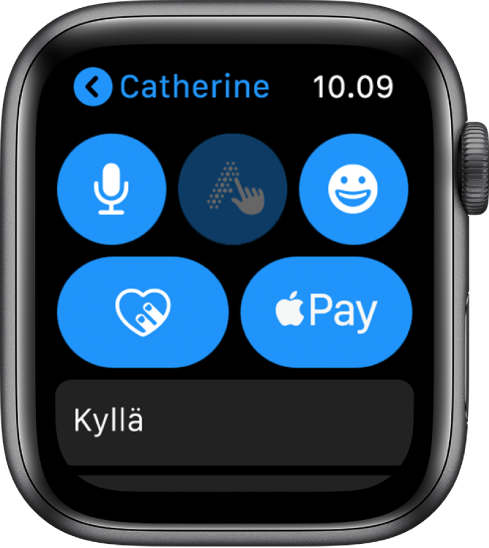 Viestit-näyttö, jossa näkyy alaoikealla Apple Pay ‑painike.