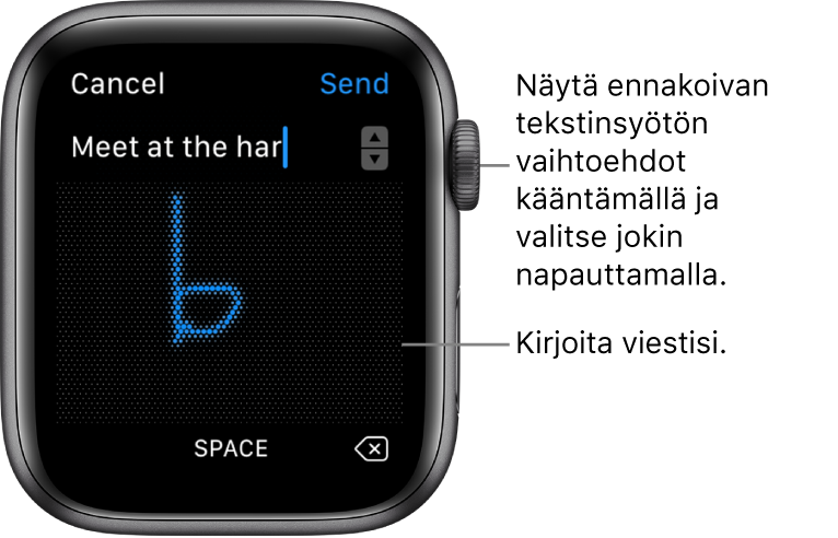 Näyttö, jolla kirjoitat vastauksen viestiin. Ennakoivat tekstivalinnat näkyvät ylhäällä, voit kirjoittaa viestisi keskelle.