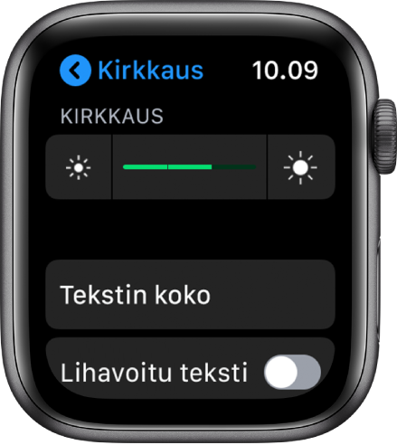Kirkkausasetukset Apple Watchissa: ylhäällä Kirkkaus-liukusäädin, sen alapuolella Tekstin koko -painike ja alla Lihavoitu teksti -säädin.