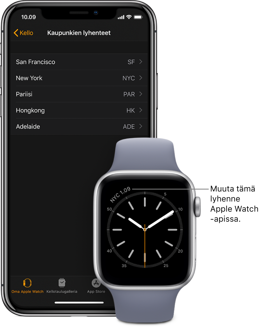 Kellotaulu, jossa on osoitin New Yorkin aikaan, jolle on käytetty lyhennettä NYC. Seuraavassa näytössä on luettelo kaupungeista Kaupunkien lyhenteet -asetuksissa, jotka ovat iPhonen Apple Watch ‑apin Kello-asetuksissa.