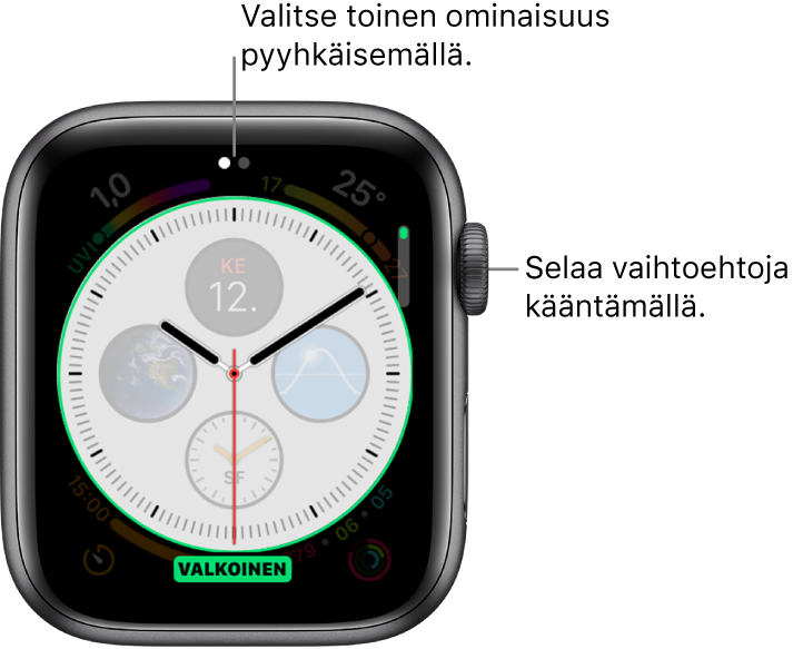 Infograafi-muokkausnäyttö, jossa on korostettuna numerotaulutyyli. Vaihda valintoja kääntämällä Digital Crownia.