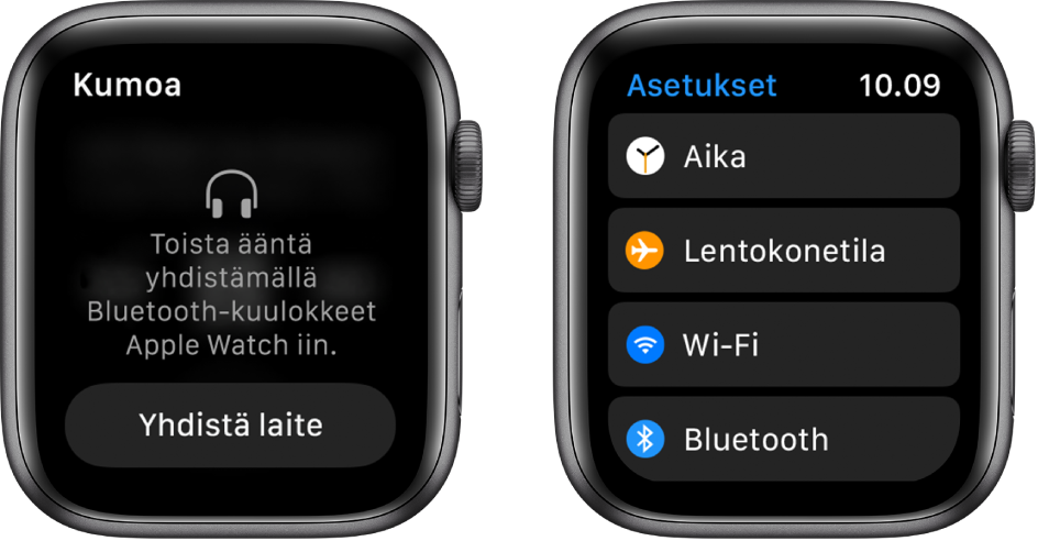 Jos vaihdat äänilähteen Apple Watchiin ennen Bluetooth-kaiuttimien tai -kuulokkeiden liittämistä pariksi, näytön keskelle tulee näkyviin Yhdistä-painike, jonka kautta pääset Apple Watchin Bluetooth-asetuksiin, missä voit lisätä kuuntelulaitteen.