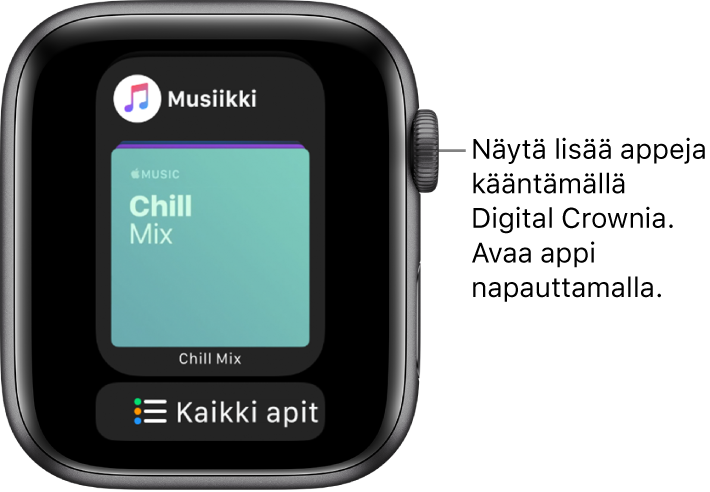 Dock, jossa näkyy Musiikki-appi ja sen alapuolella Kaikki apit -painike. Näytä lisää appeja kääntämällä Digital Crownia. Avaa appi napauttamalla.