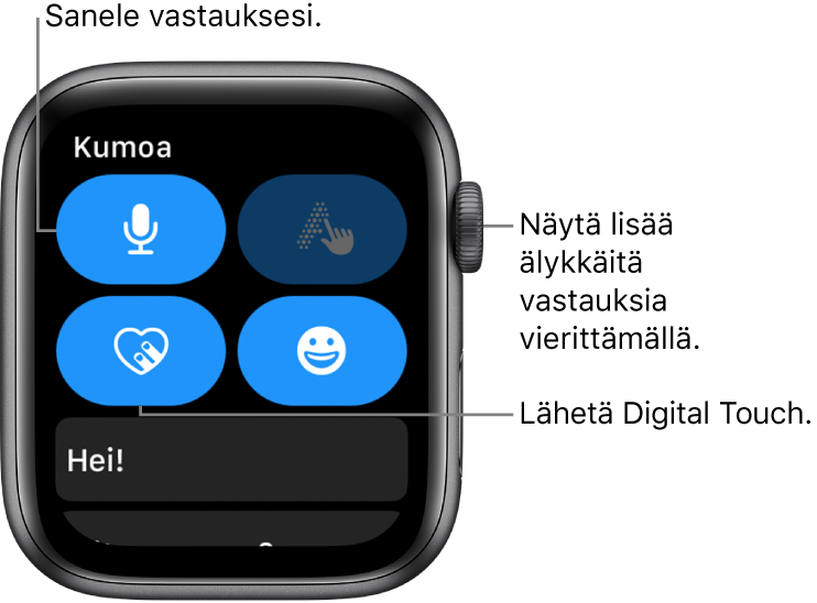 Vastausnäyttö, jossa näkyvät Sanele-, Kirjoita-, Digital Touch- ja Emoji-painikkeet. Älykkäät vastaukset ovat alapuolella. Katso lisää älykkäitä vastauksia kääntämällä Digital Crownia