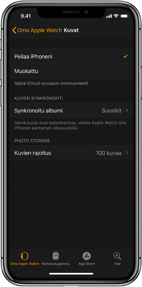 Kuva-asetukset iPhonen Apple Watch ‑apissa, Synkronoitu albumi ‑asetus keskellä ja Kuvien rajoitus ‑asetus sen alapuolella.